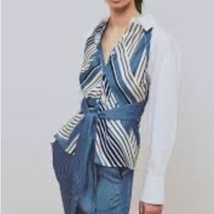 Derek Lam Striped Blue Wrap Vest with White Shirt Detail